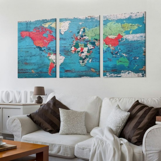 World map picture canvas wall painting suitable for living room bedroom or bathroom wall decoration, waterproof stretchable and can be hung directly